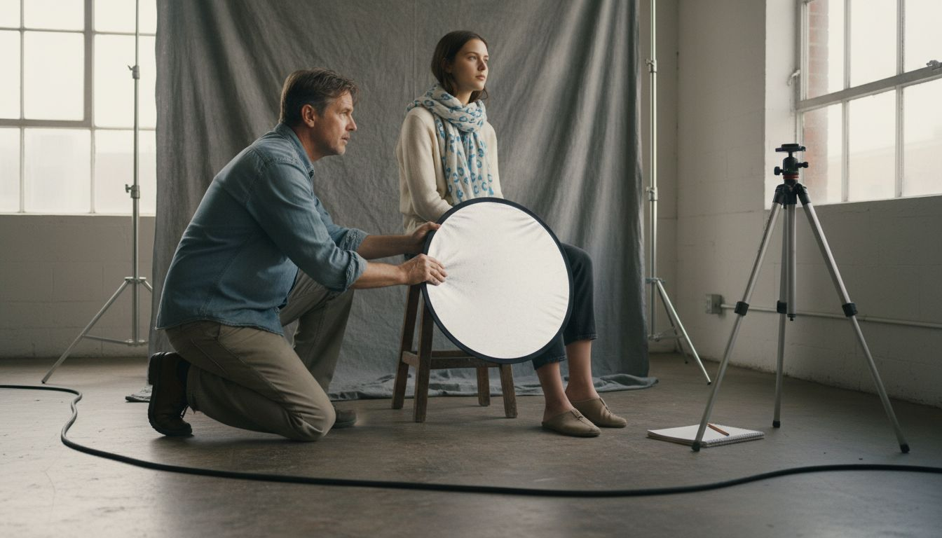 Photographer using reflector as fill light