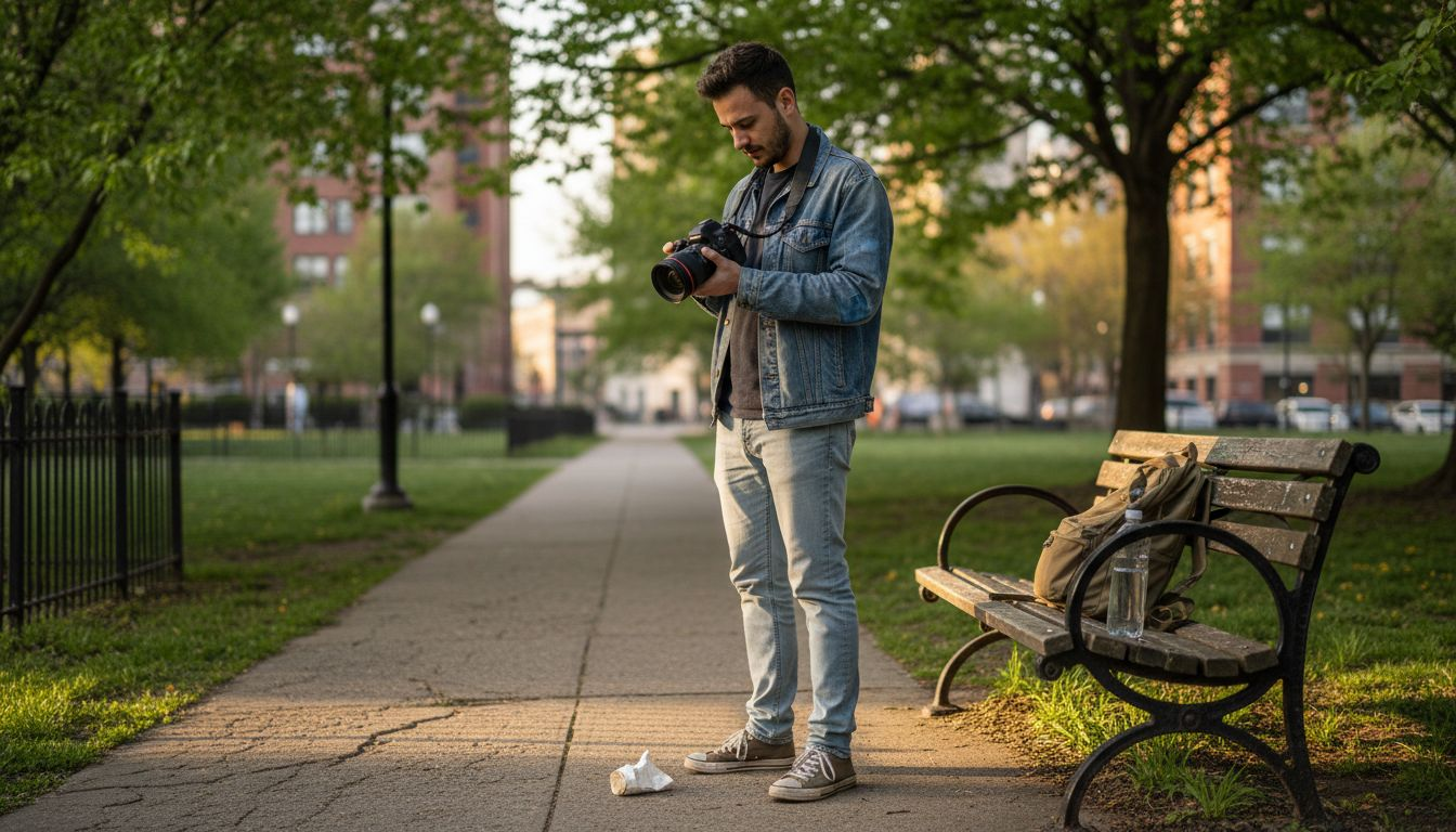 Beginner photographer reviewing camera shot outdoors