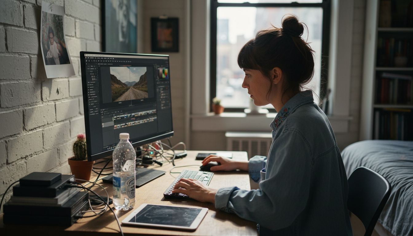 Photographer editing workspace with sunlight and clutter