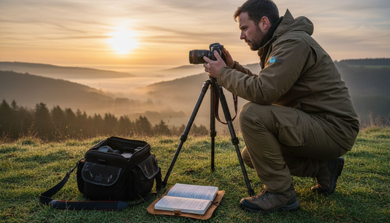 Photographer setting up camera on sunrise overlook