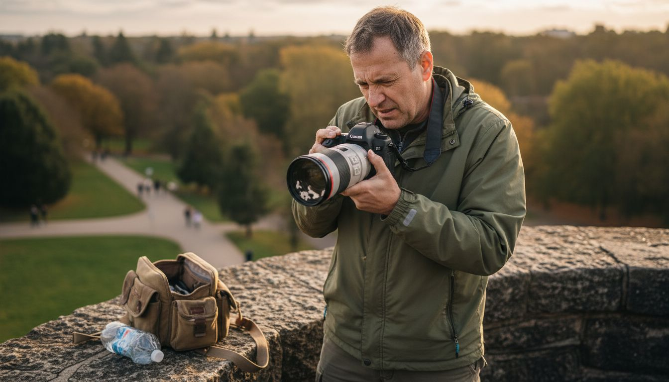 Photographer adjusting camera focus at park overlook