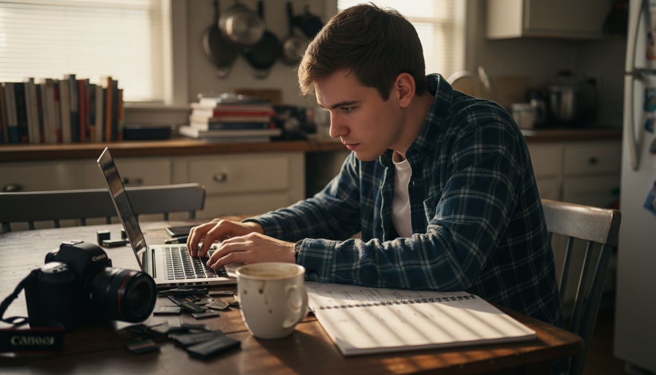 Beginner photo editor at cluttered kitchen table