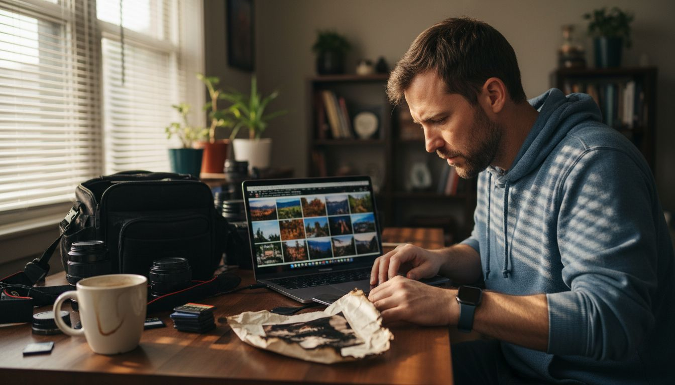 Photographer editing photo with visible vignetting