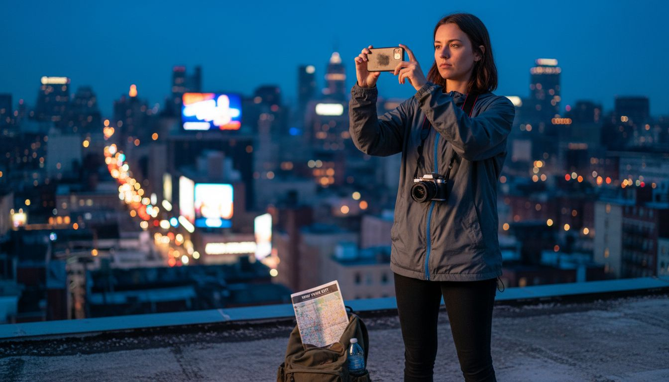 Young woman using camera and smartphone on rooftop