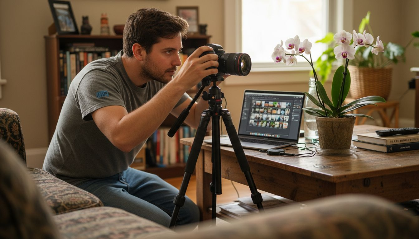 Photographer preparing focus stacking setup