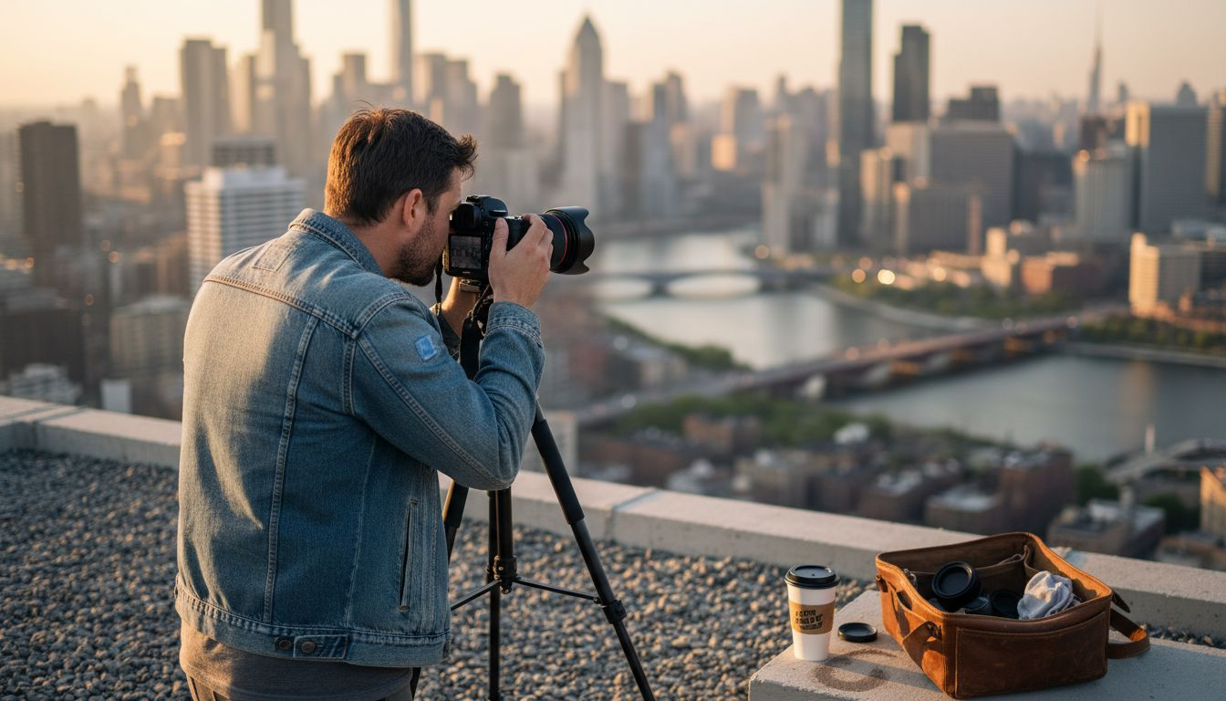 Photographer adjusting tilt shift lens on rooftop