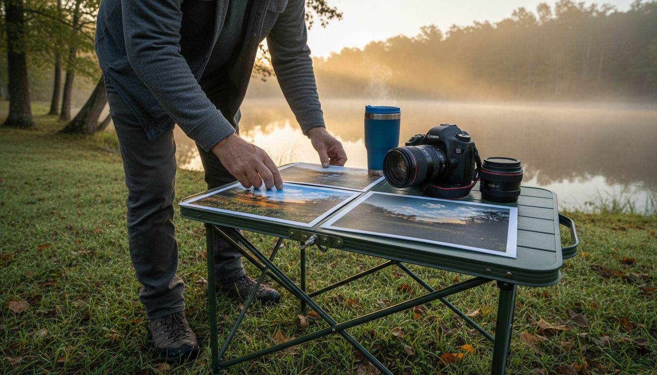 Photographer comparing HDR and non-HDR prints