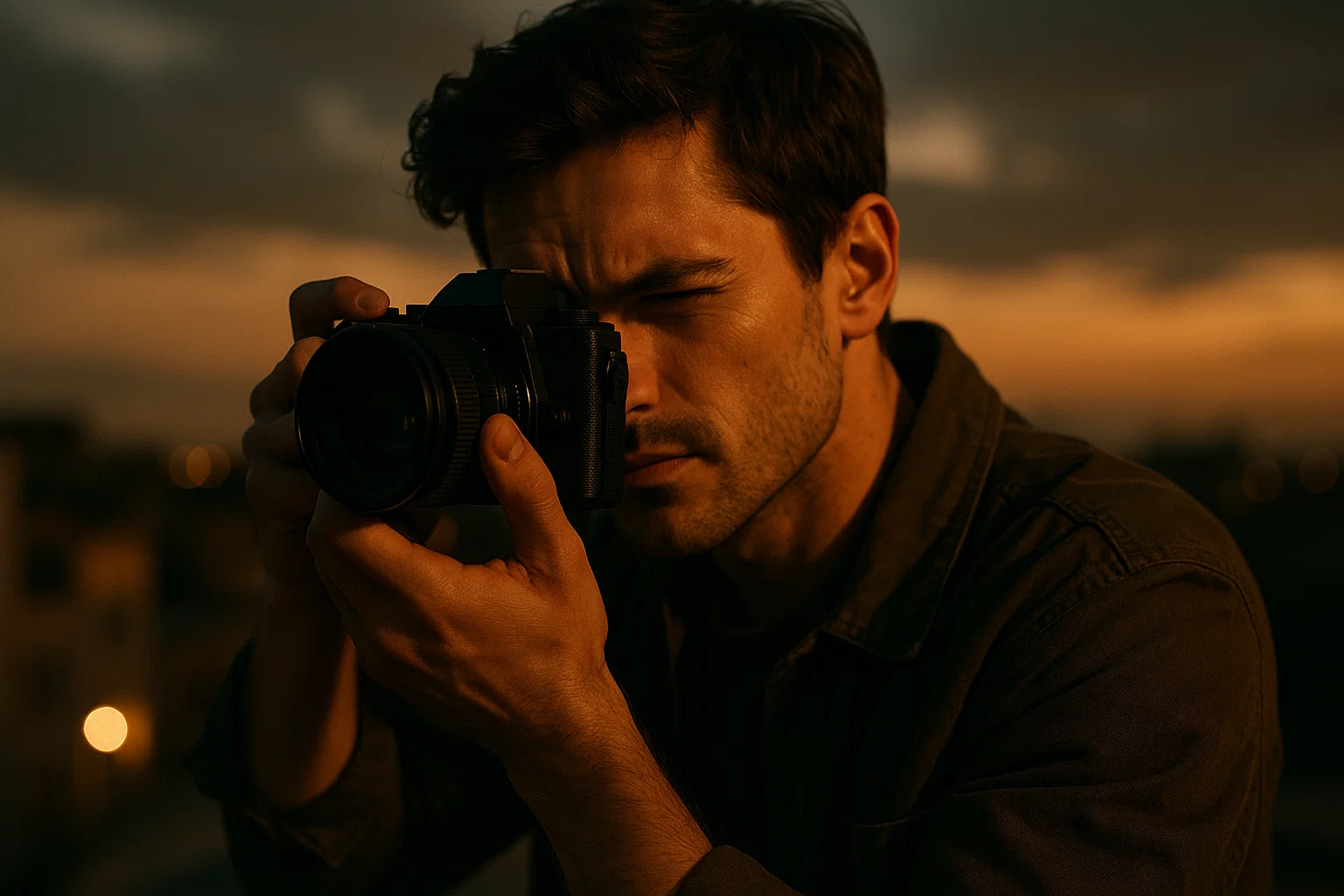 A cinematic image of someone taking a photo with a camera