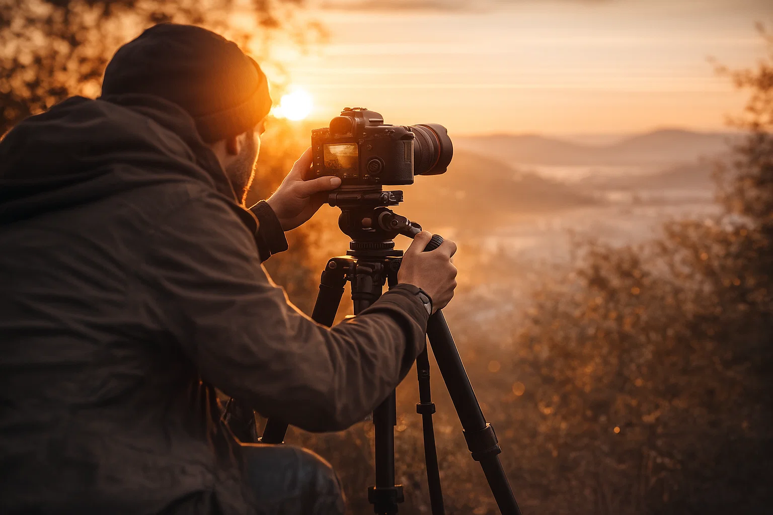 Must-Have Photo Accessories- A man using a camera tripod at sunset 