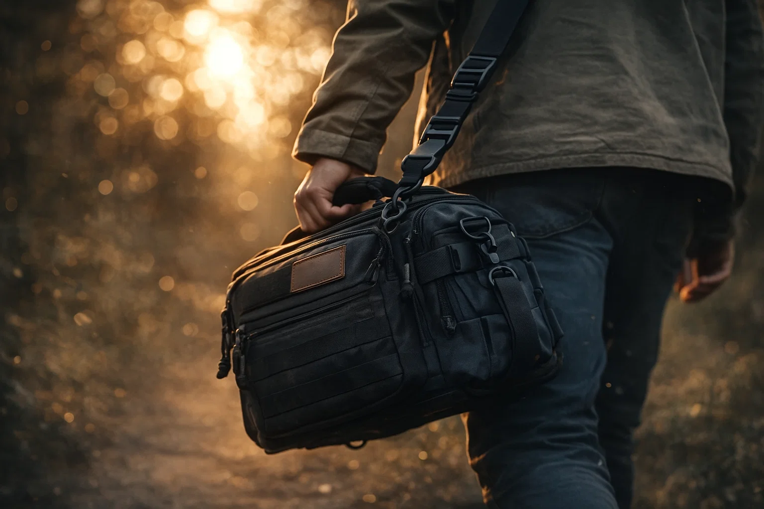 a cinematic image of someone carrying a camera bag