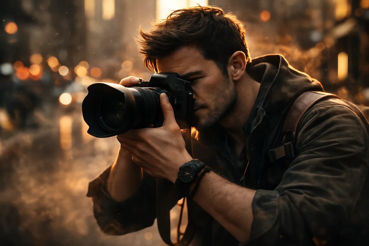 A cinematic image of a photographer taking a photo
