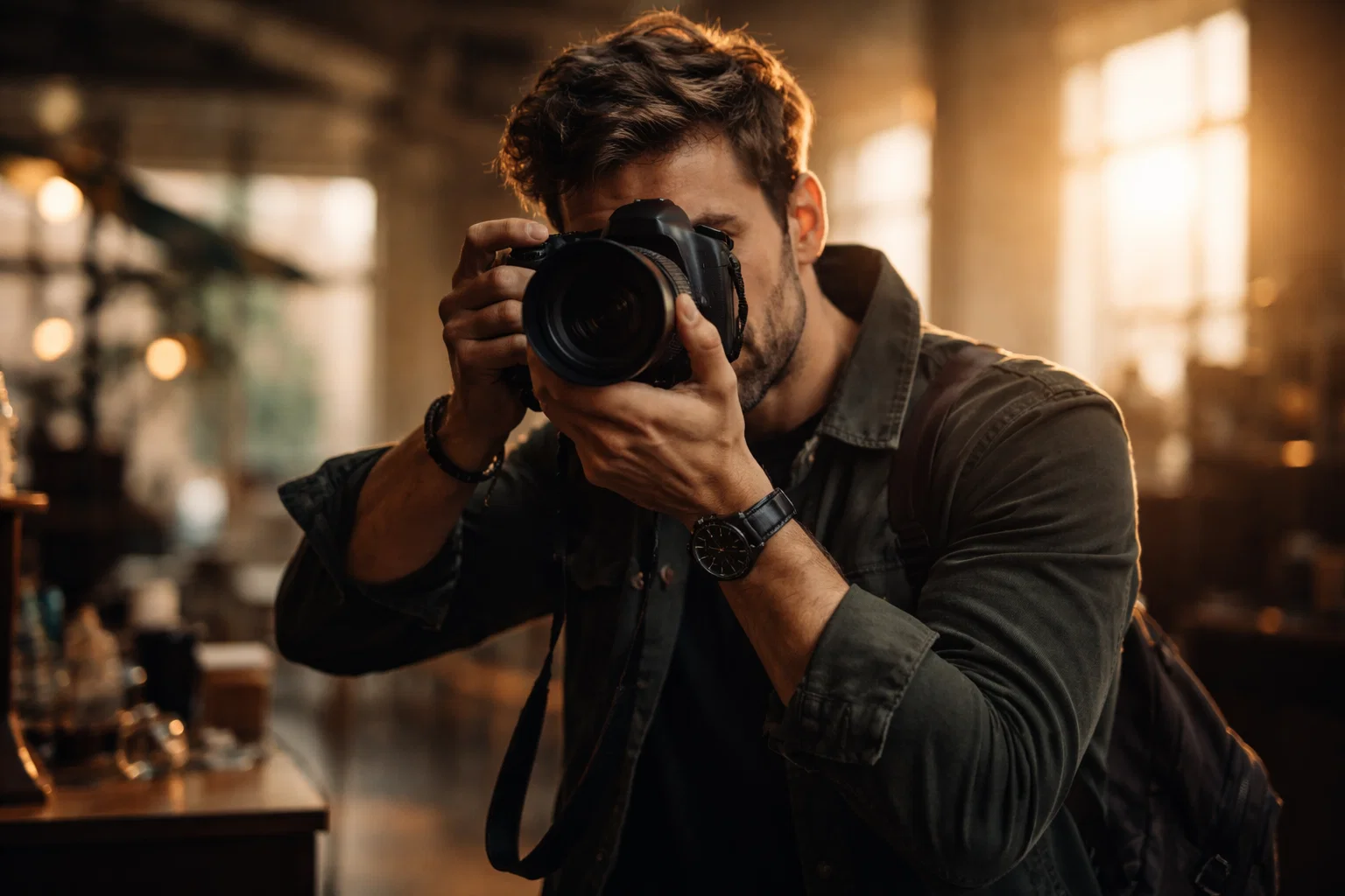 a cinematic image of a photographer taking a photo indoors 