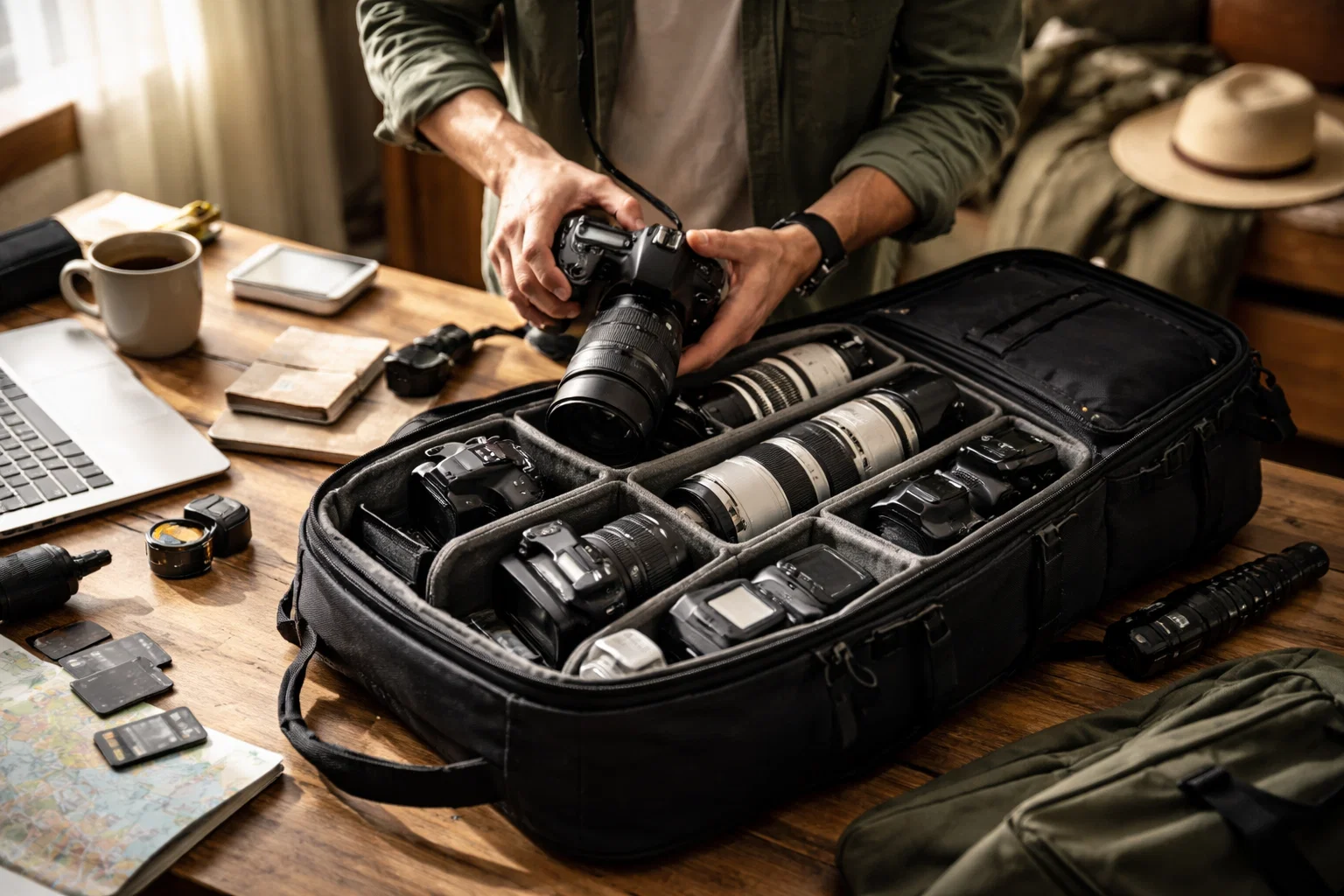 A PHOGRAPHER PACKING THEIR GEAR FOR A TRIP 