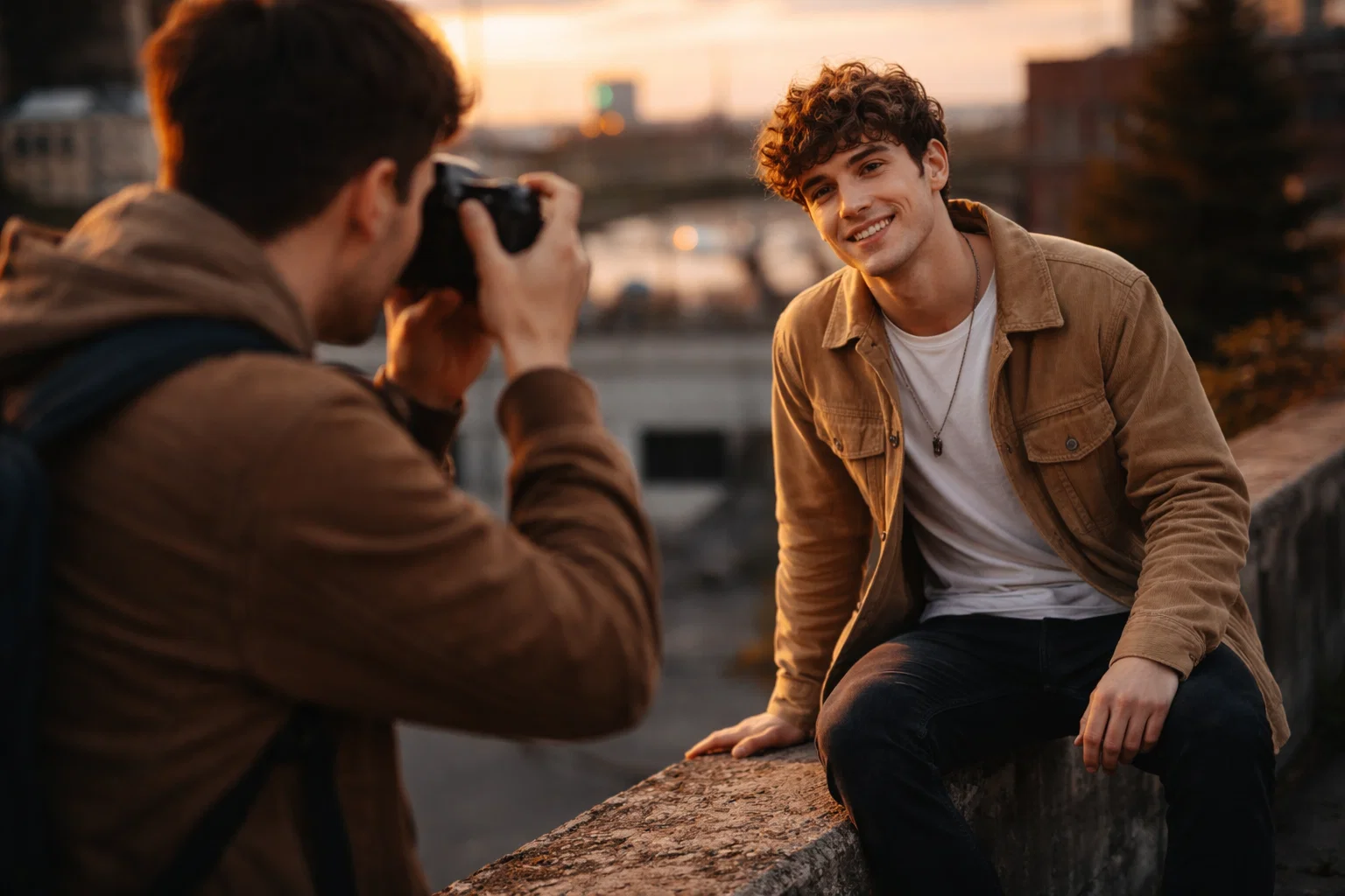 A cinematic and realistic image of a photographer taking a photo of their friend 