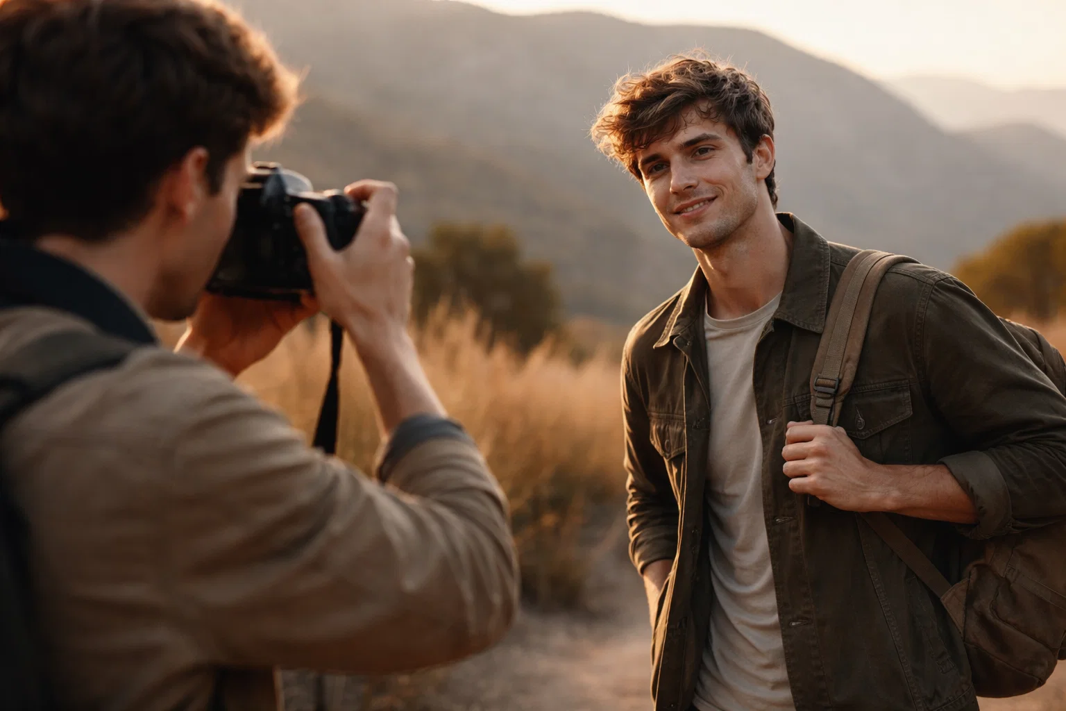A cinematic and realistic image of a photographer taking a photo of their friend 