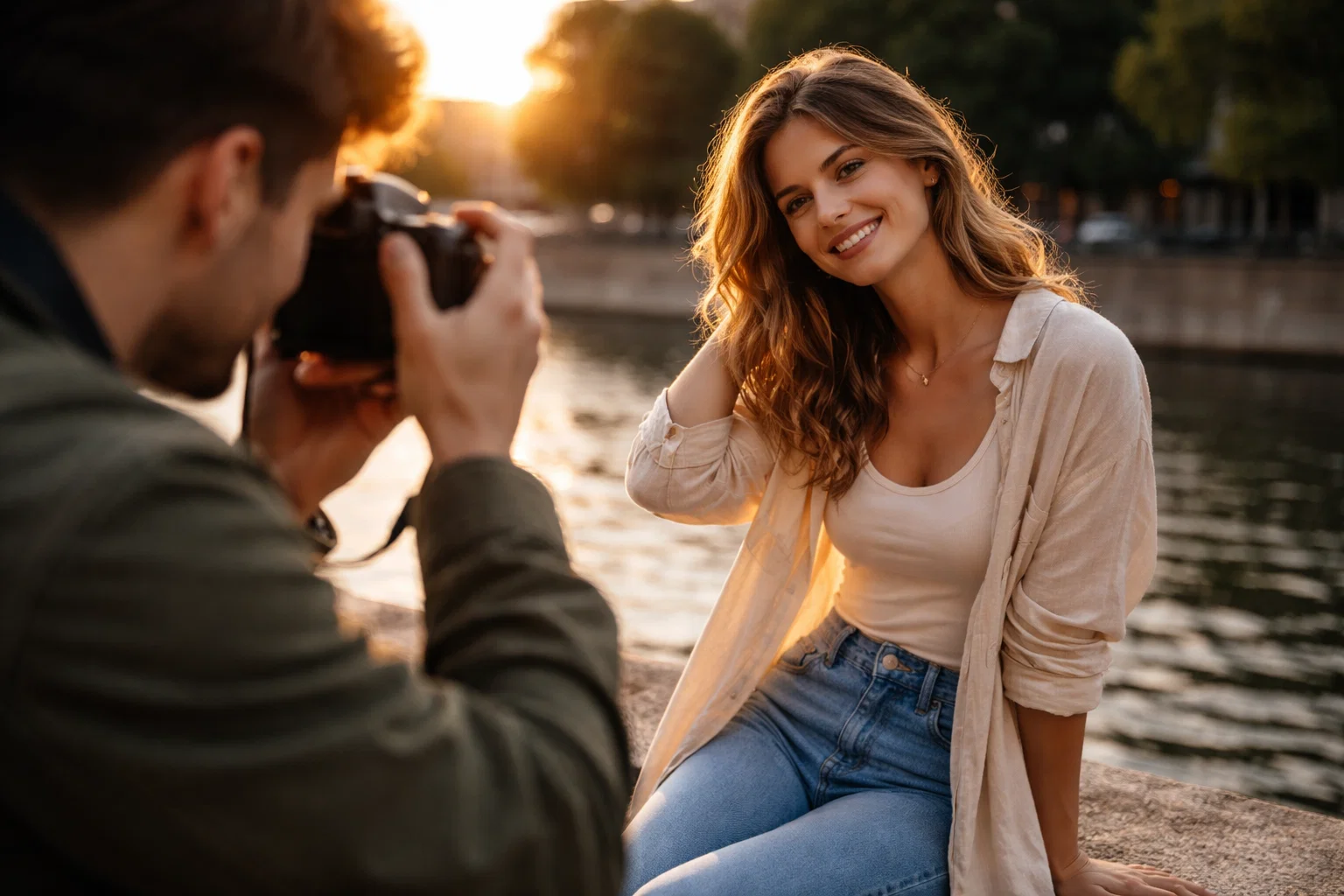 A cinematic and realistic image of a photographer taking a photo of their female friend 