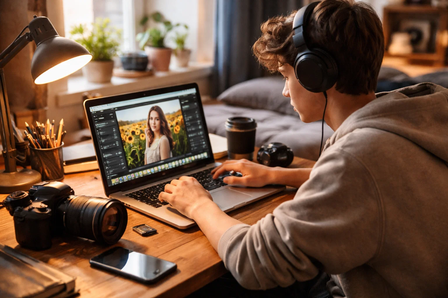 A teenage photographer editing photos on their laptop 