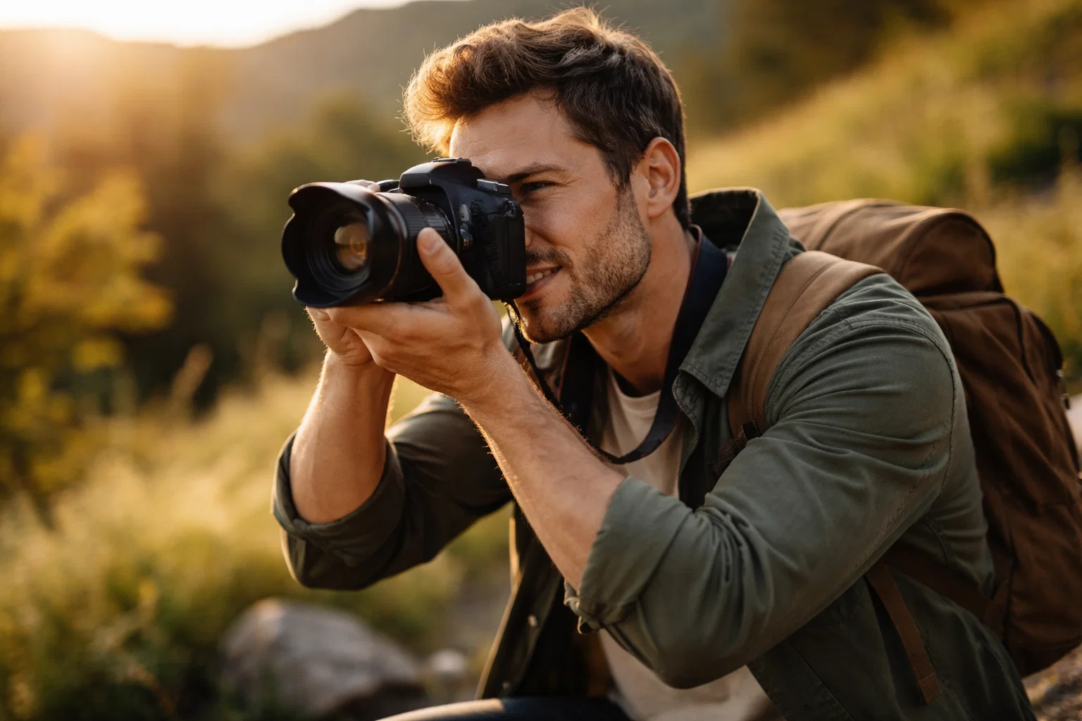A photographer taking a photograph outdoors