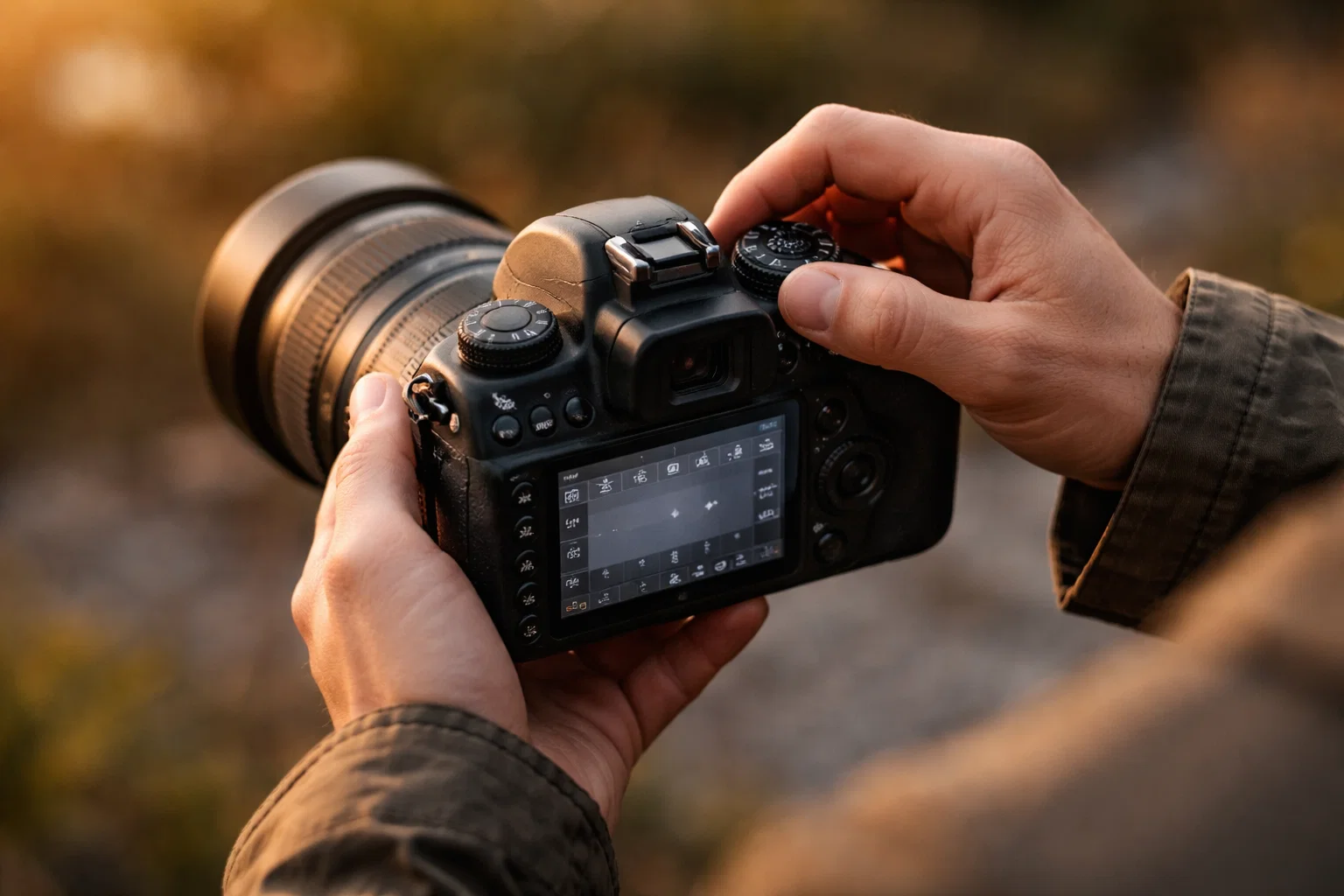 A photographer following a Camera Settings Checklist by changing the settings on their camera