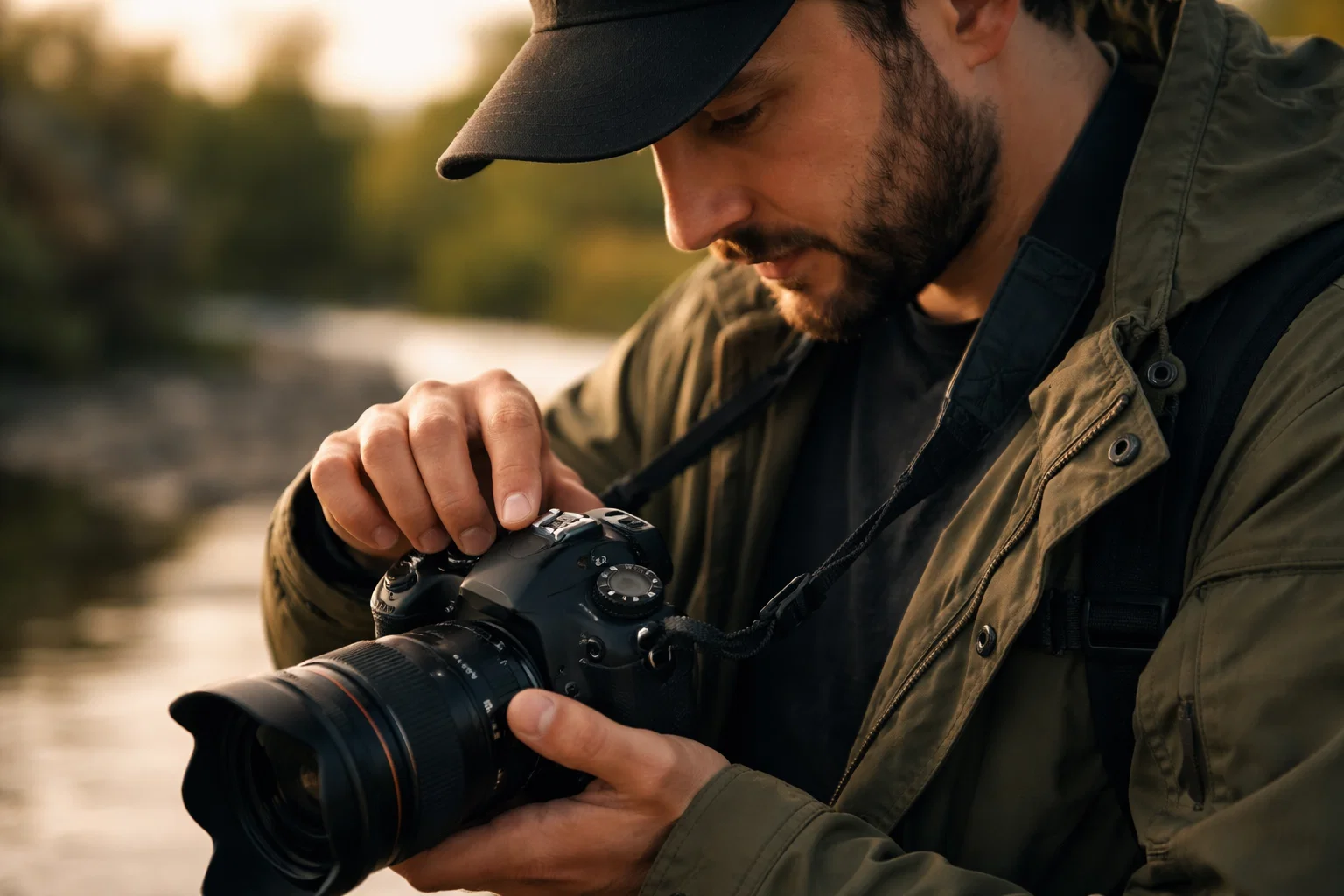 A photographer playing around with his cameras settings outside