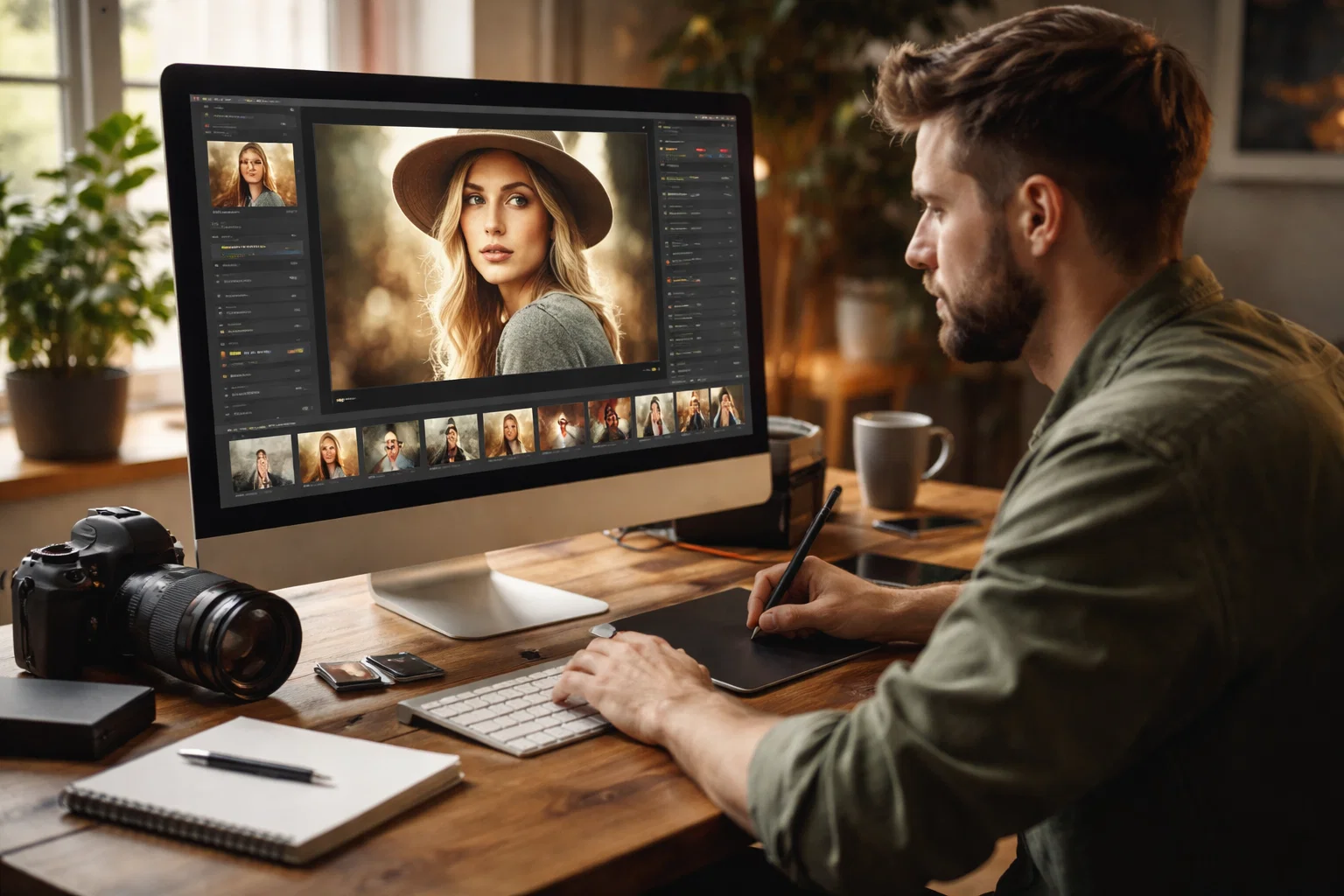 A realistic image of a photographer editing photos