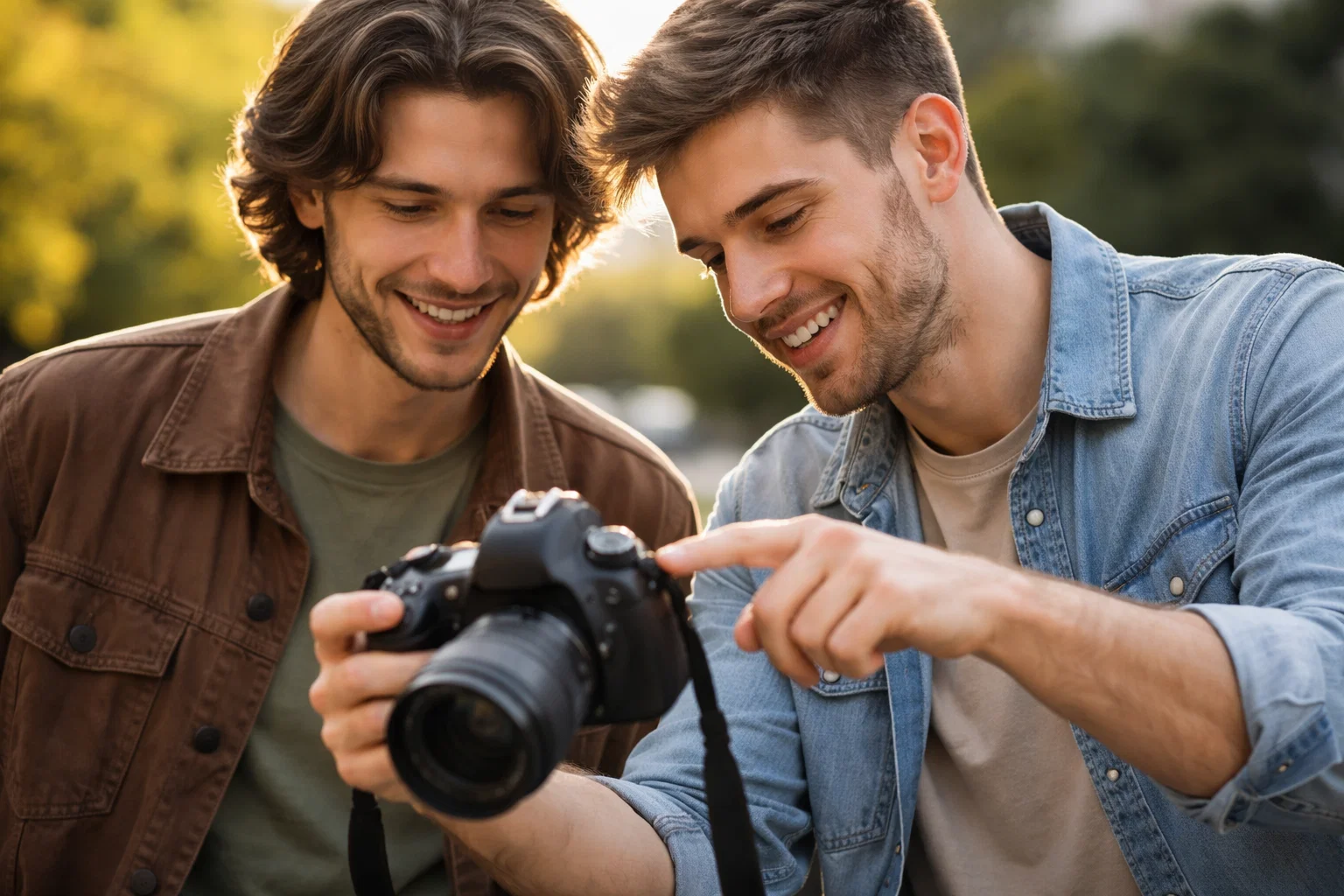 Two friends looking at a camera. one is teaching the other how to be a better photographer. 