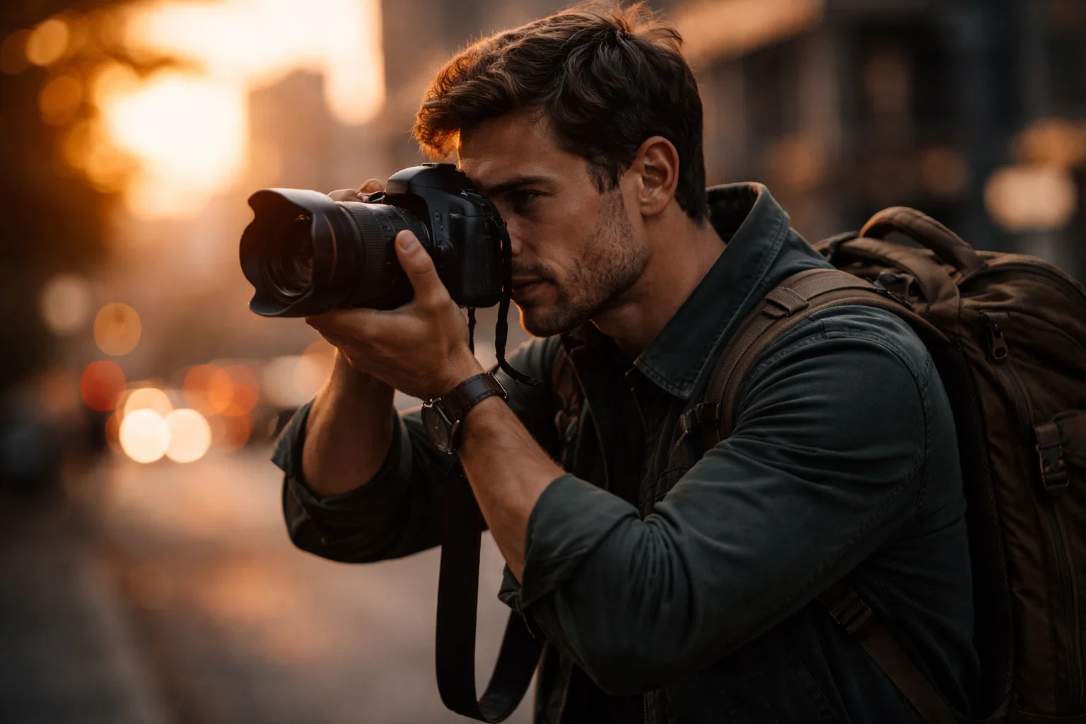 A cinematic image of a photographer taking a photo