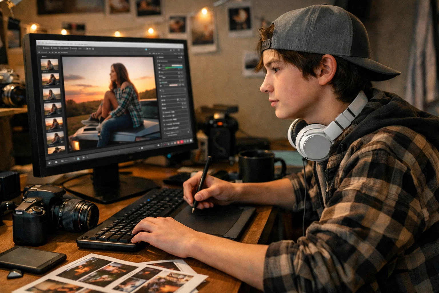 A teenage photographer editing photos on his laptop and using editing techniques for beginners