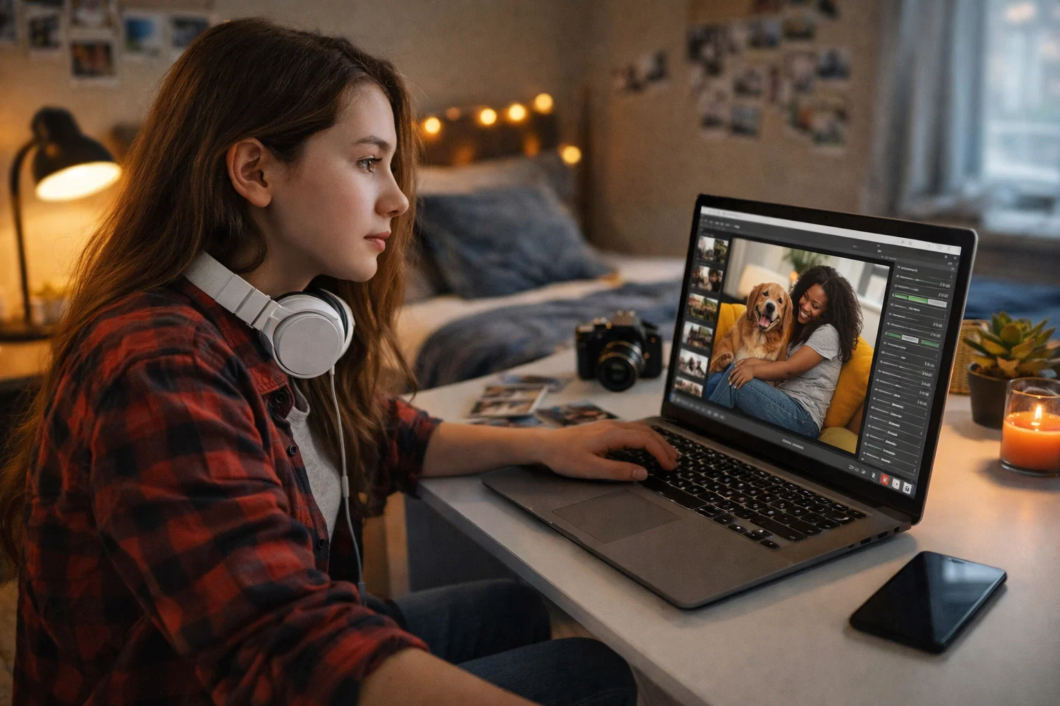 A beginner photographer editing photos