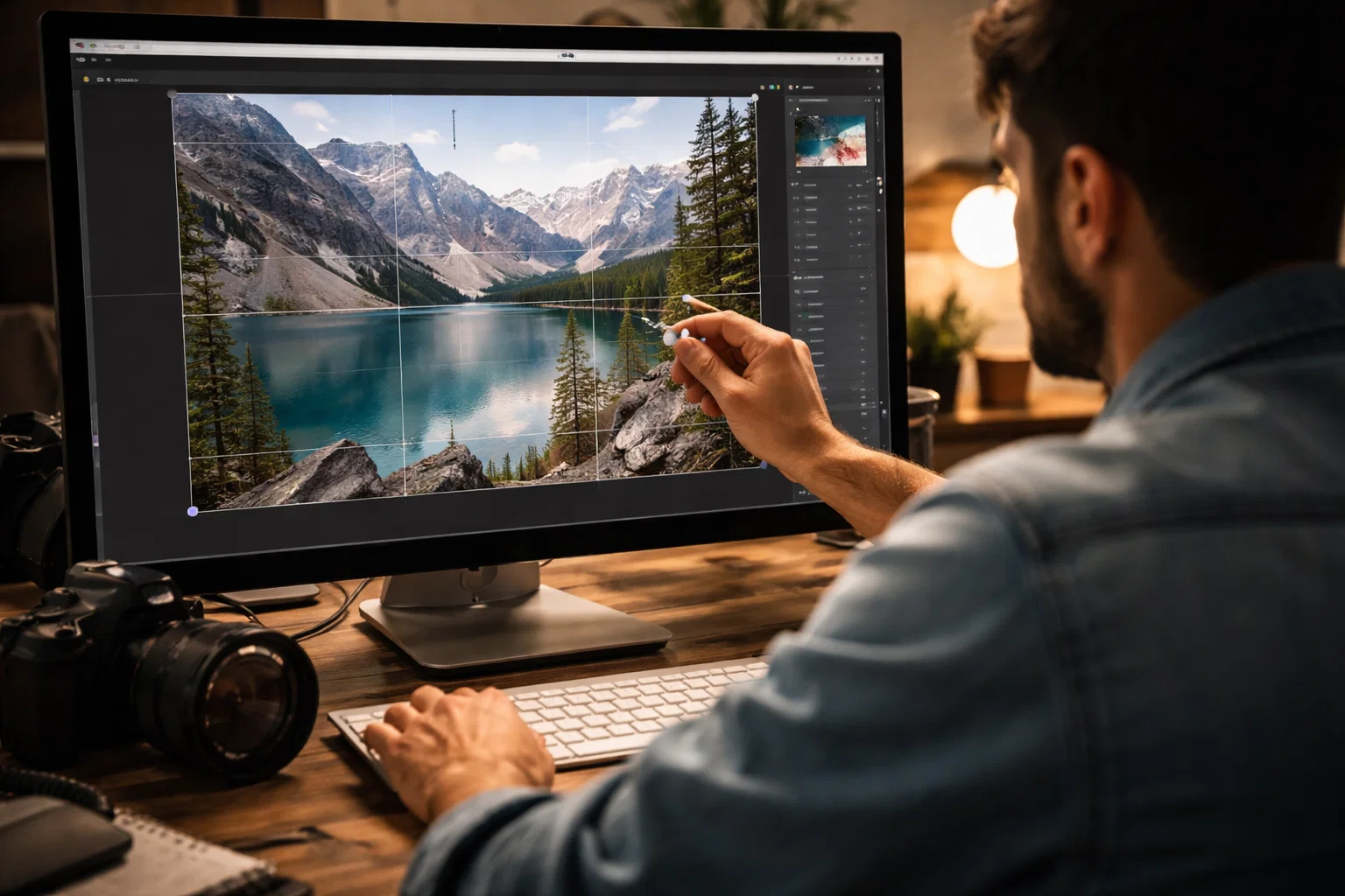 A photographer cropping a photo whilst editing 