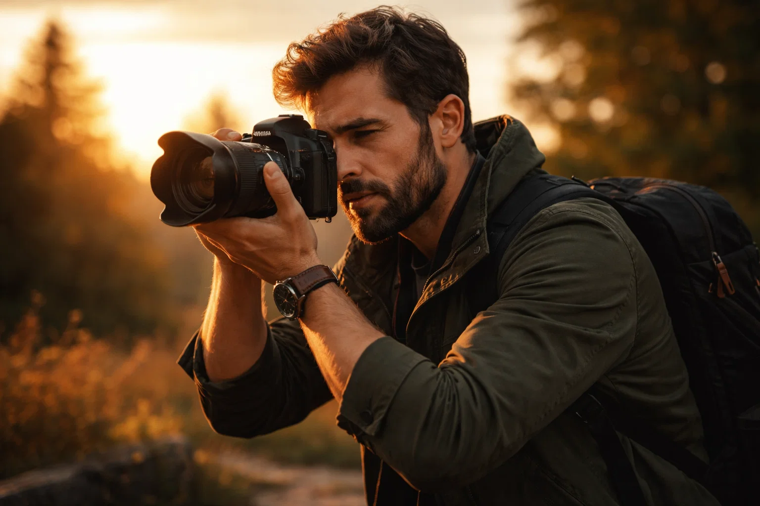 A cinematic image of a photographer taking a photo