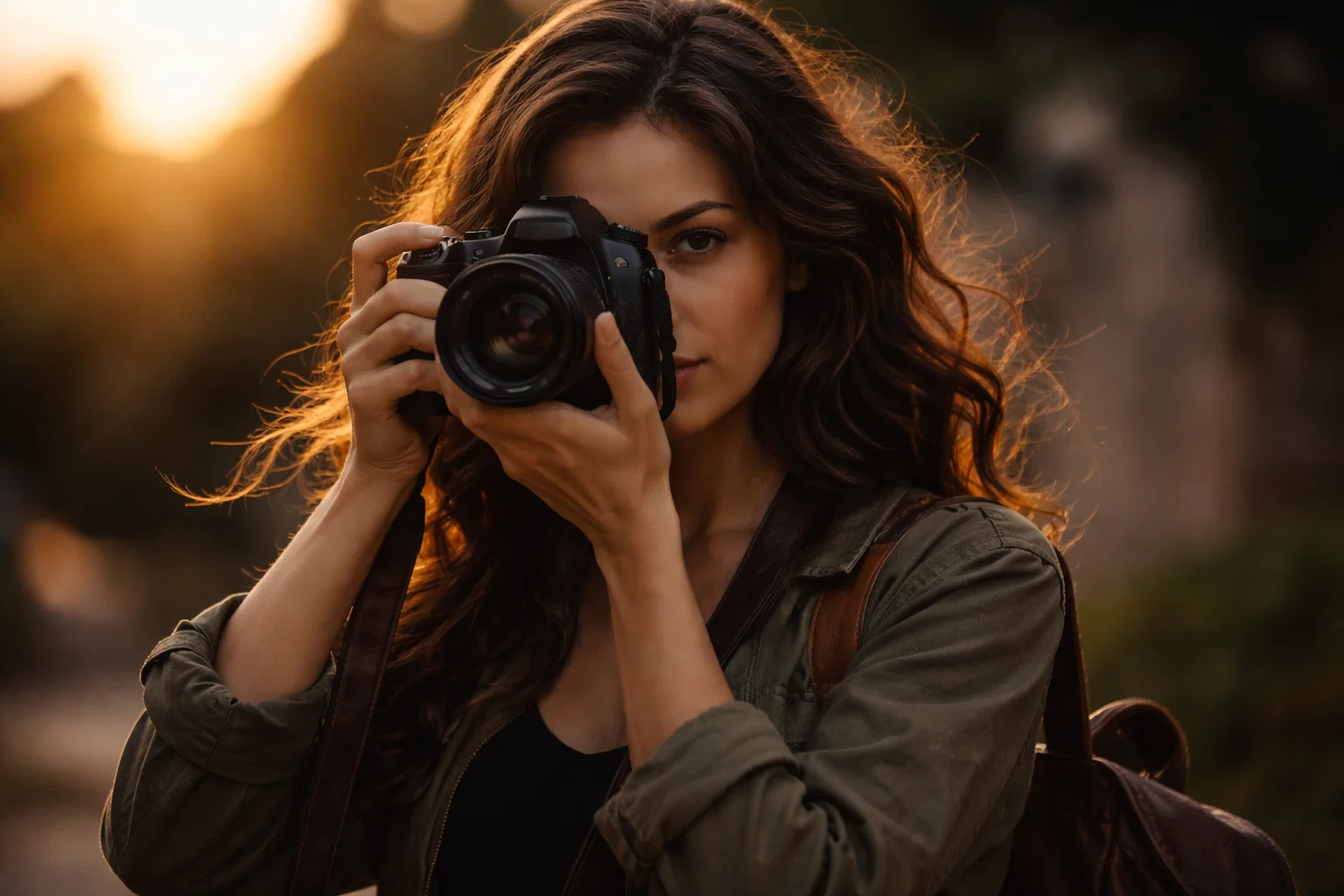 A cinematic image of a female photographer taking a photo