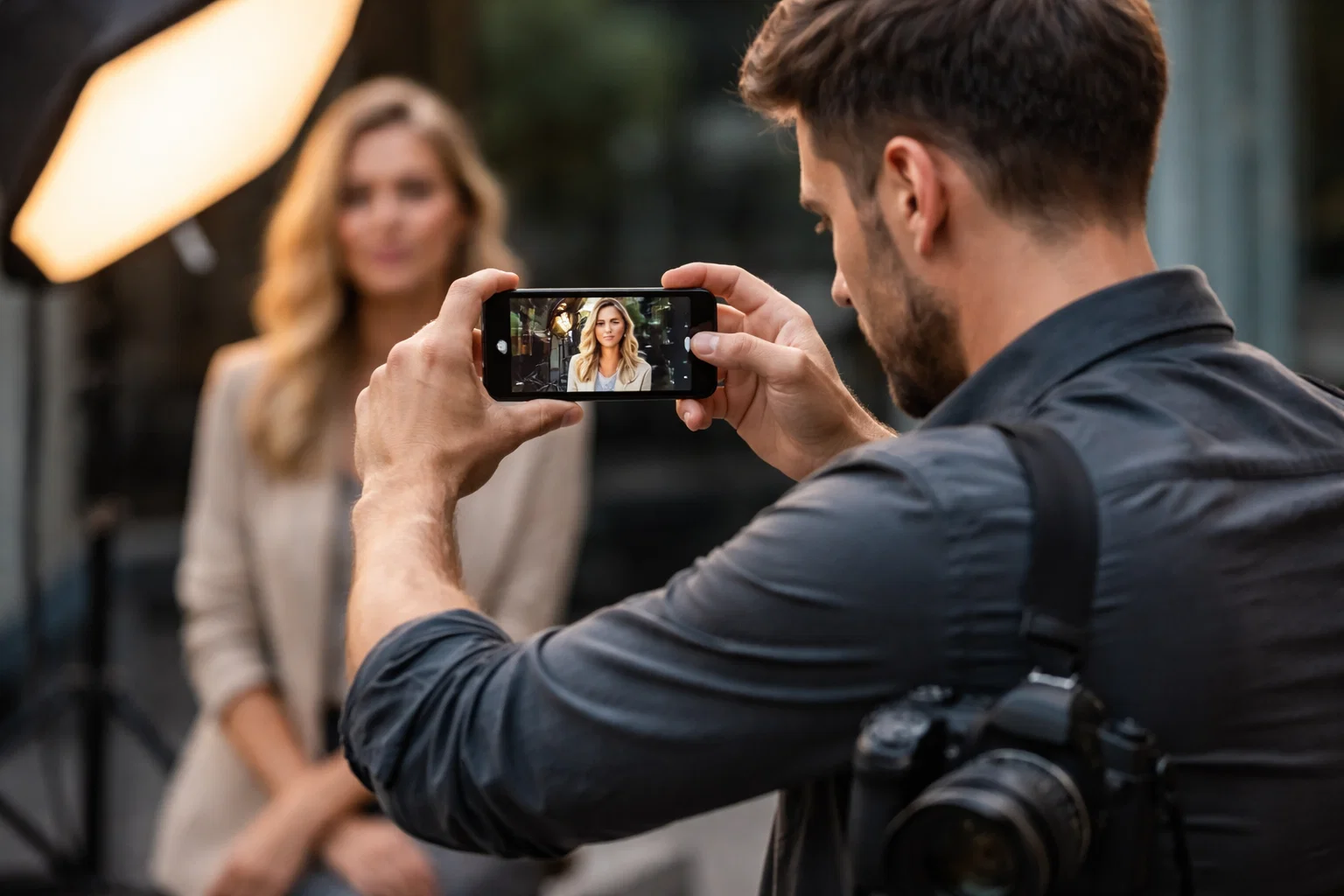 A professional photographer using a smartphone to take a professional image
