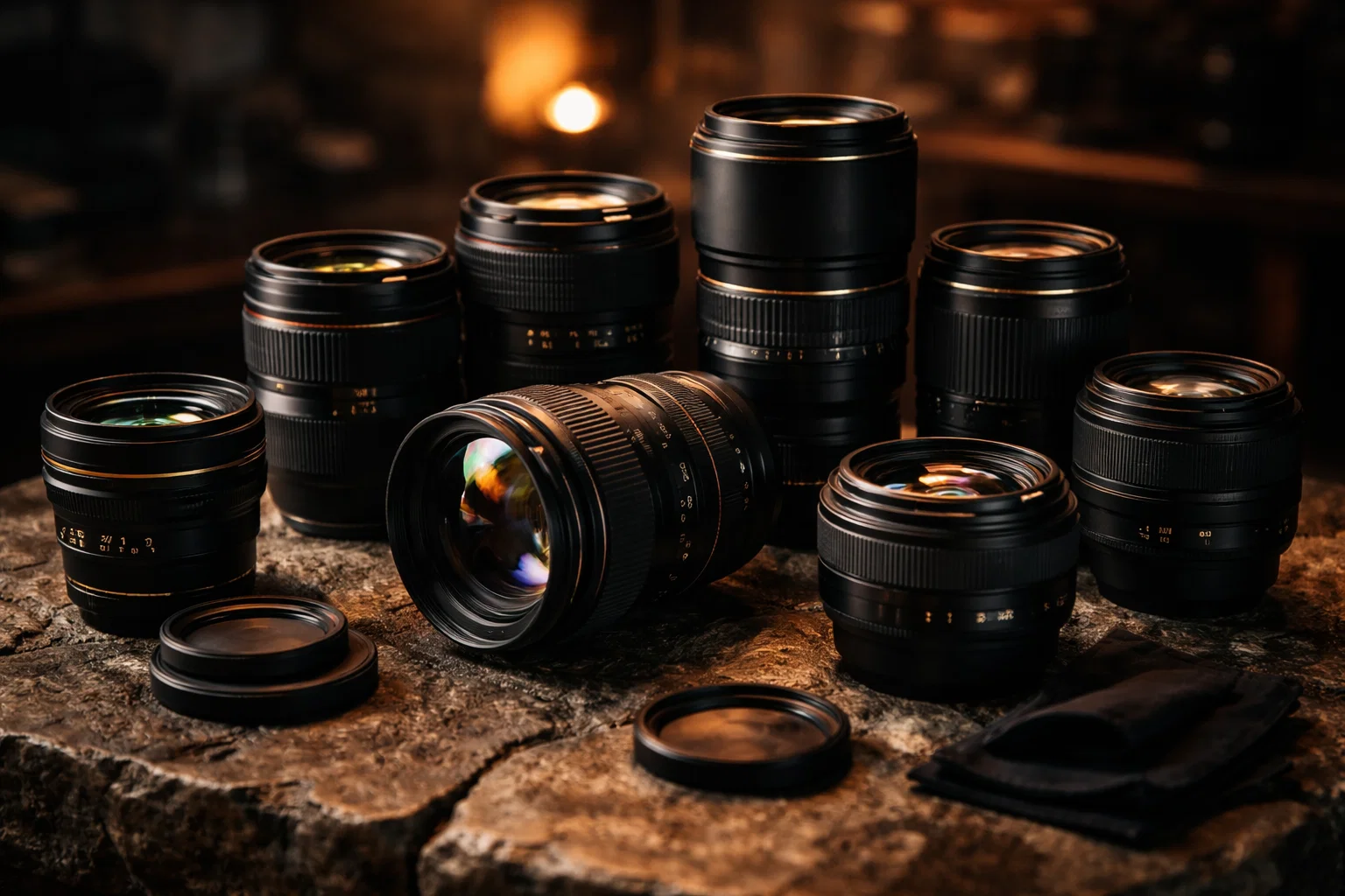 a cinematic image of a group of different camera lenses on a Stone table