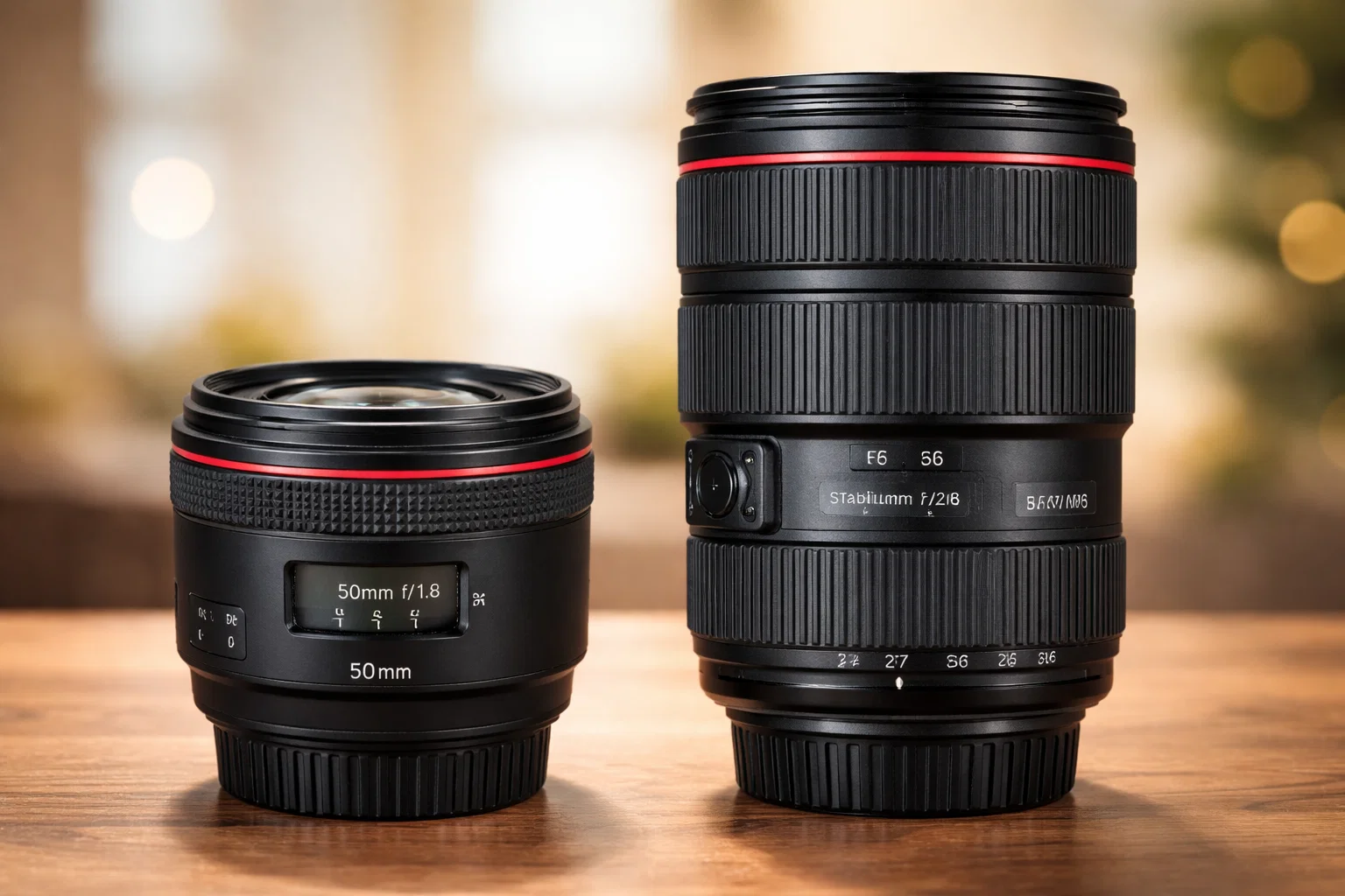 A prime lens next to a zoom lens 