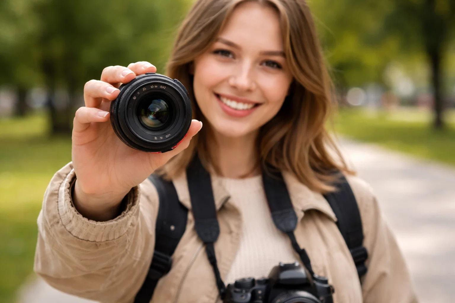 A beginner photographer holding a 50mm lens