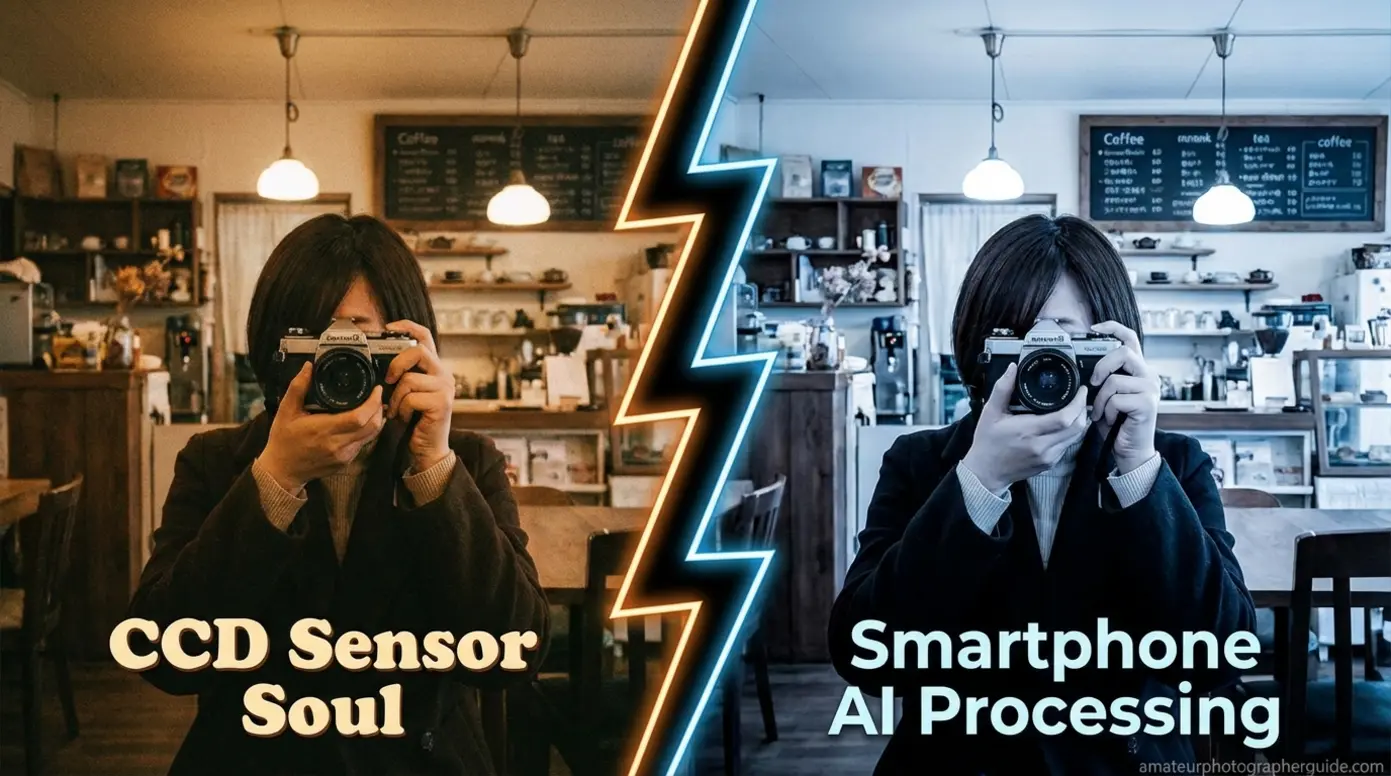 Vintage CCD sensor photo grain versus smooth smartphone AI processing