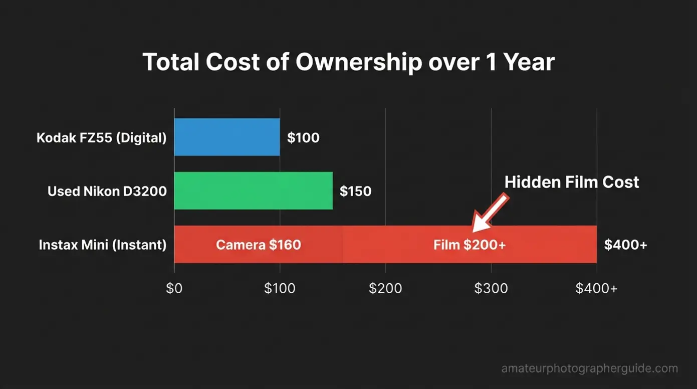 Bar chart showing instant camera film costs exceeding digital camera price