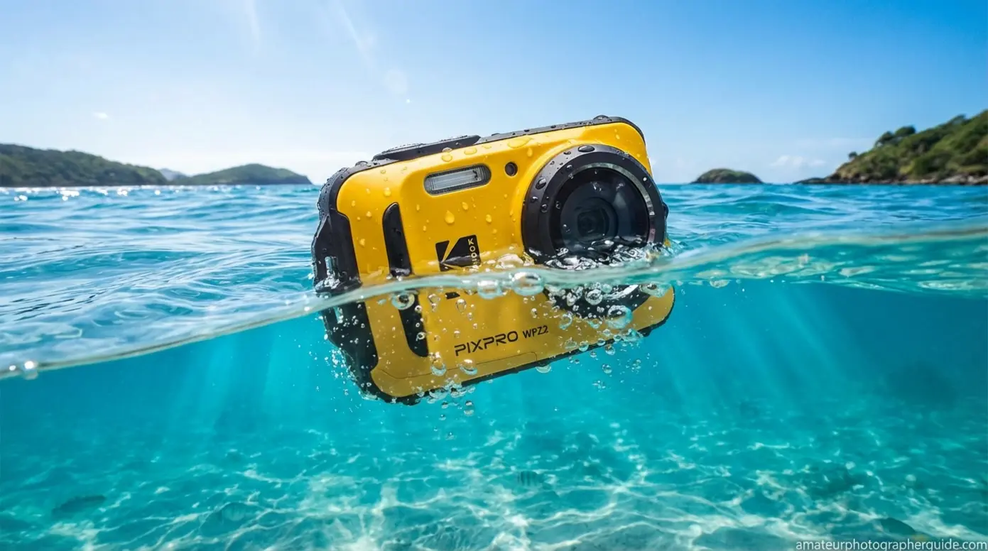 Yellow waterproof camera submerged in water with bubbles