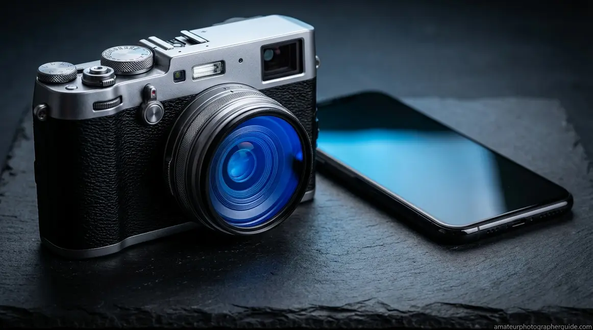 Retro digital camera next to smartphone showing optical lens versus flat screen