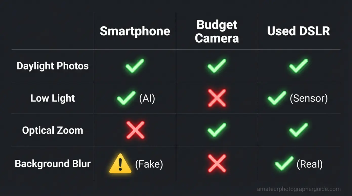 Feature comparison matrix between smartphones budget cameras and DSLRs