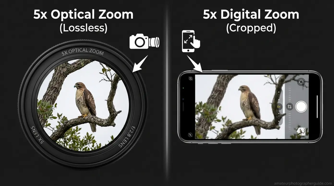 Comparison of sharp optical zoom versus blurry smartphone digital zoom