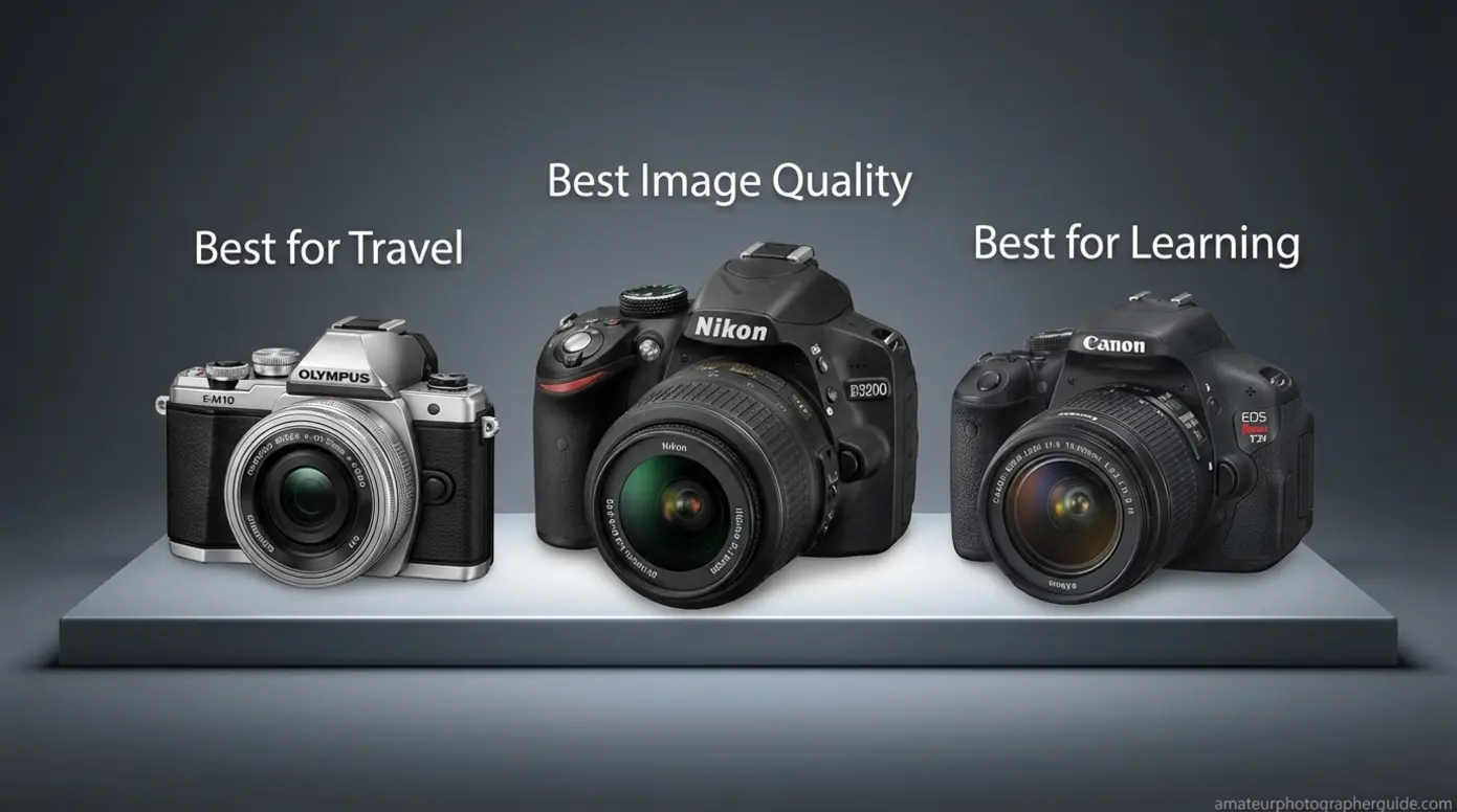 Lineup of Olympus E-M10 Nikon D3200 and Canon Rebel cameras