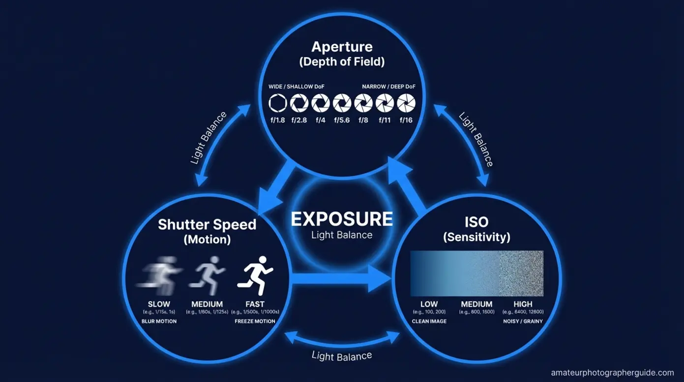 Exposure triangle cheat sheet showing aperture shutter speed and ISO effects
