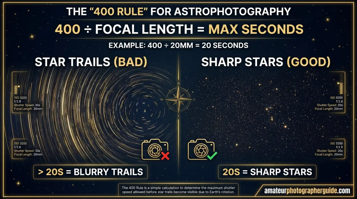 Infographic explaining the 400 rule calculation for sharp star photography