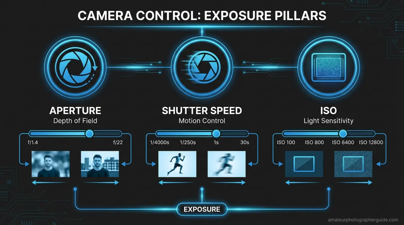 3D visualization of the exposure triangle components aperture shutter speed and ISO