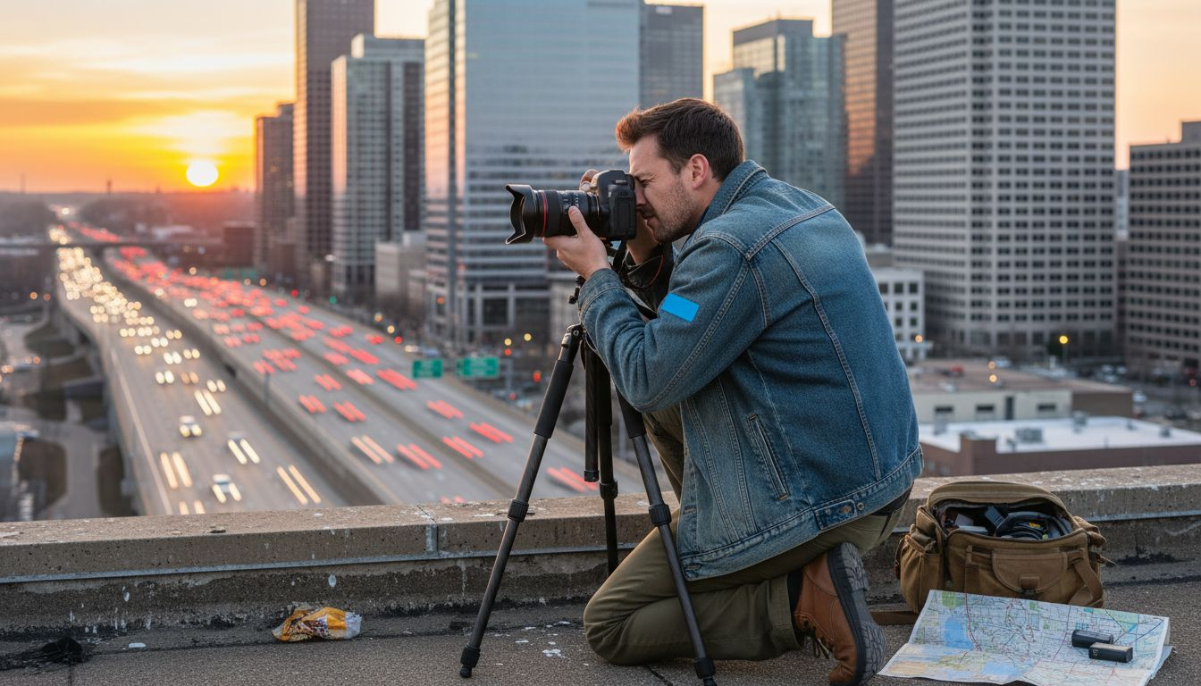 Photographer shooting city time lapse at sunset