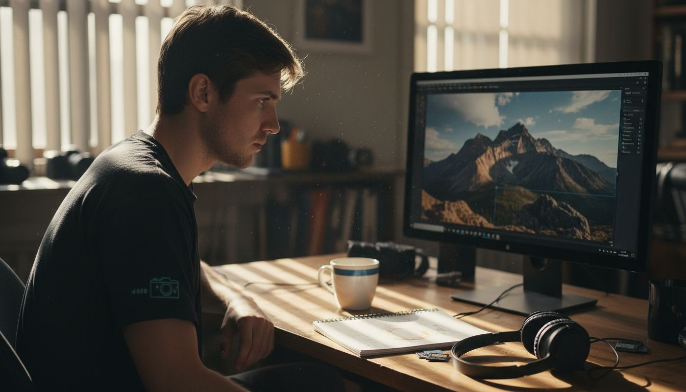 Photographer color grading image at desk