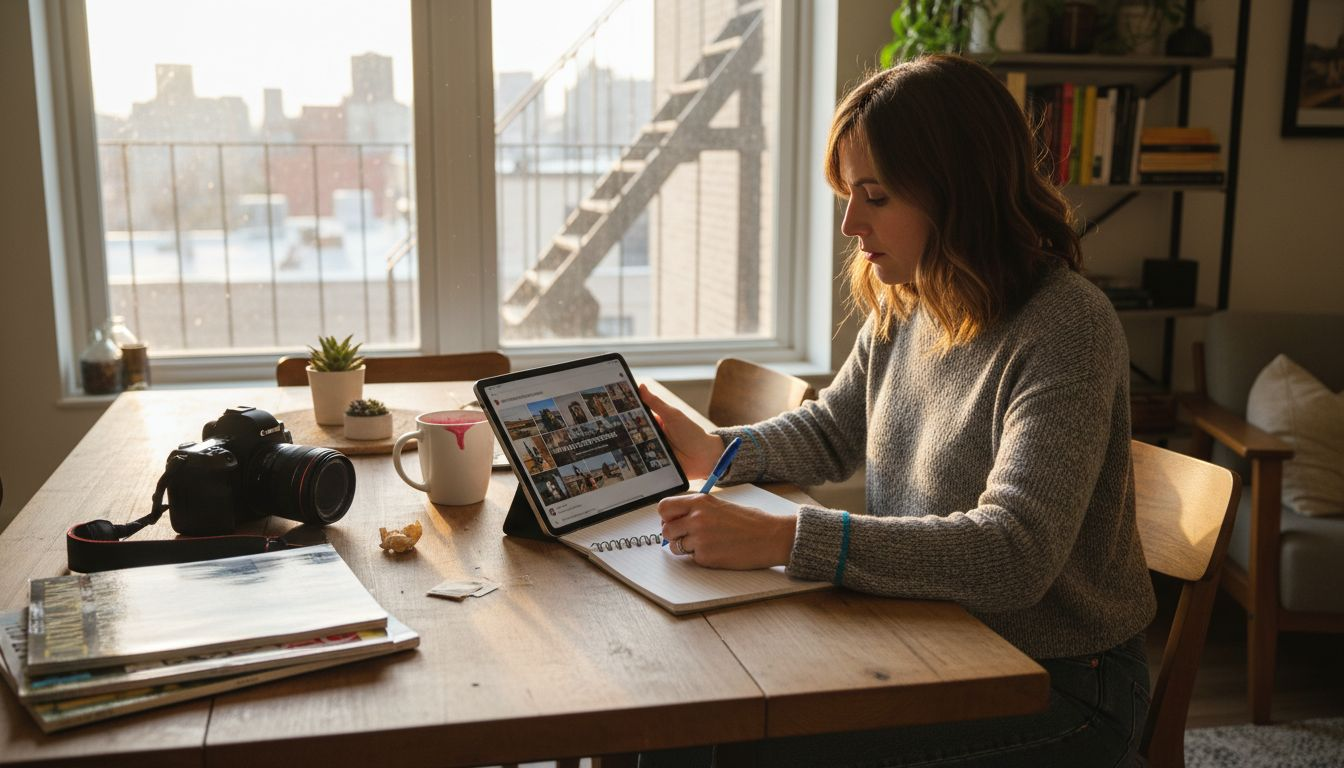 Photographer seeking inspiration at city apartment table