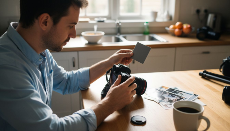 Photographer adjusting camera white balance at kitchen table
